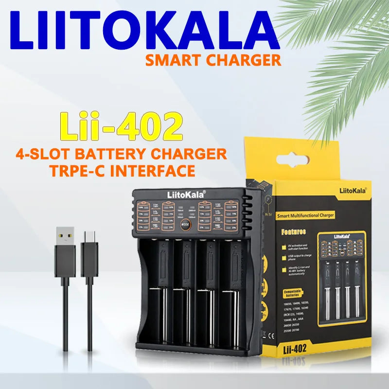 LiitoKala Lii-402 Universal Smart Battery Charger Compatible with Multiple Sizes Including 18650, 26650, 18500 Batteries