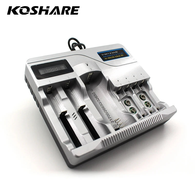 KOSHARE LED Smart Battery Charger For AA AAA Ni-MH Ni-Cd 9V Batteries 18650/16340/14500/21700 /26650/32650 Lithium Battery