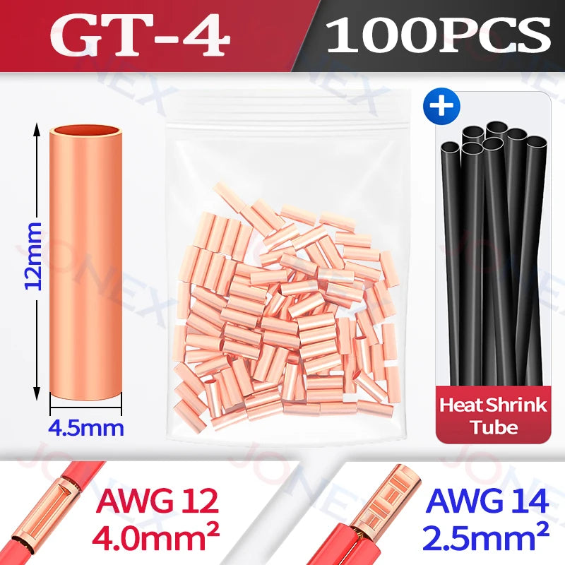 100PCS GT Copper Terminal Connectors Electrical Wire Cable Crimp Connecting Tubular Ferrules or for Lugs Have Heat Shrink Tubing