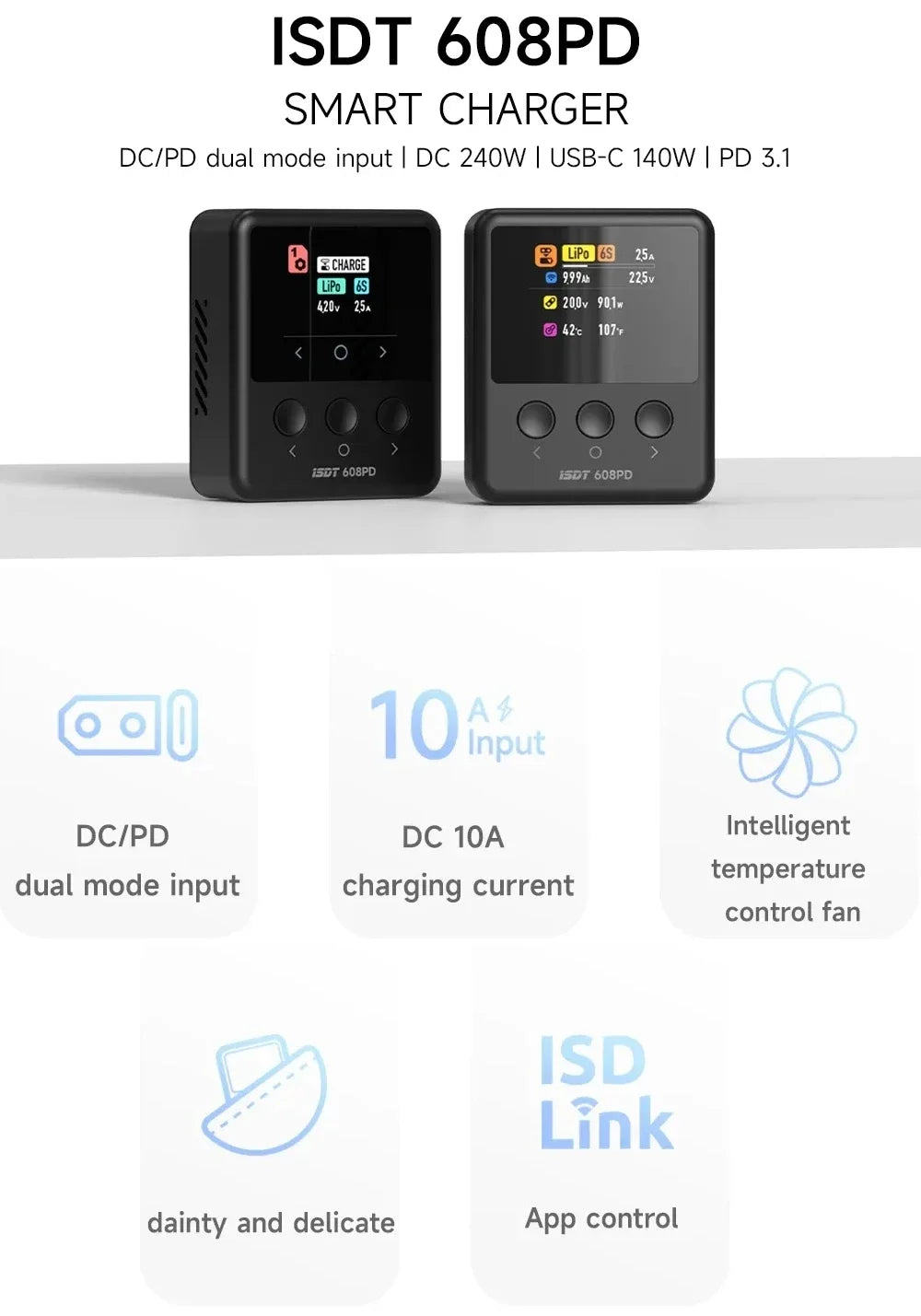 ISDT 608PD Lipo Balance Charger Discharger 240W/10A DC & 140W/5A PD Smart Digital Charger for LiPo/LiFe/LiHV RC Batteries