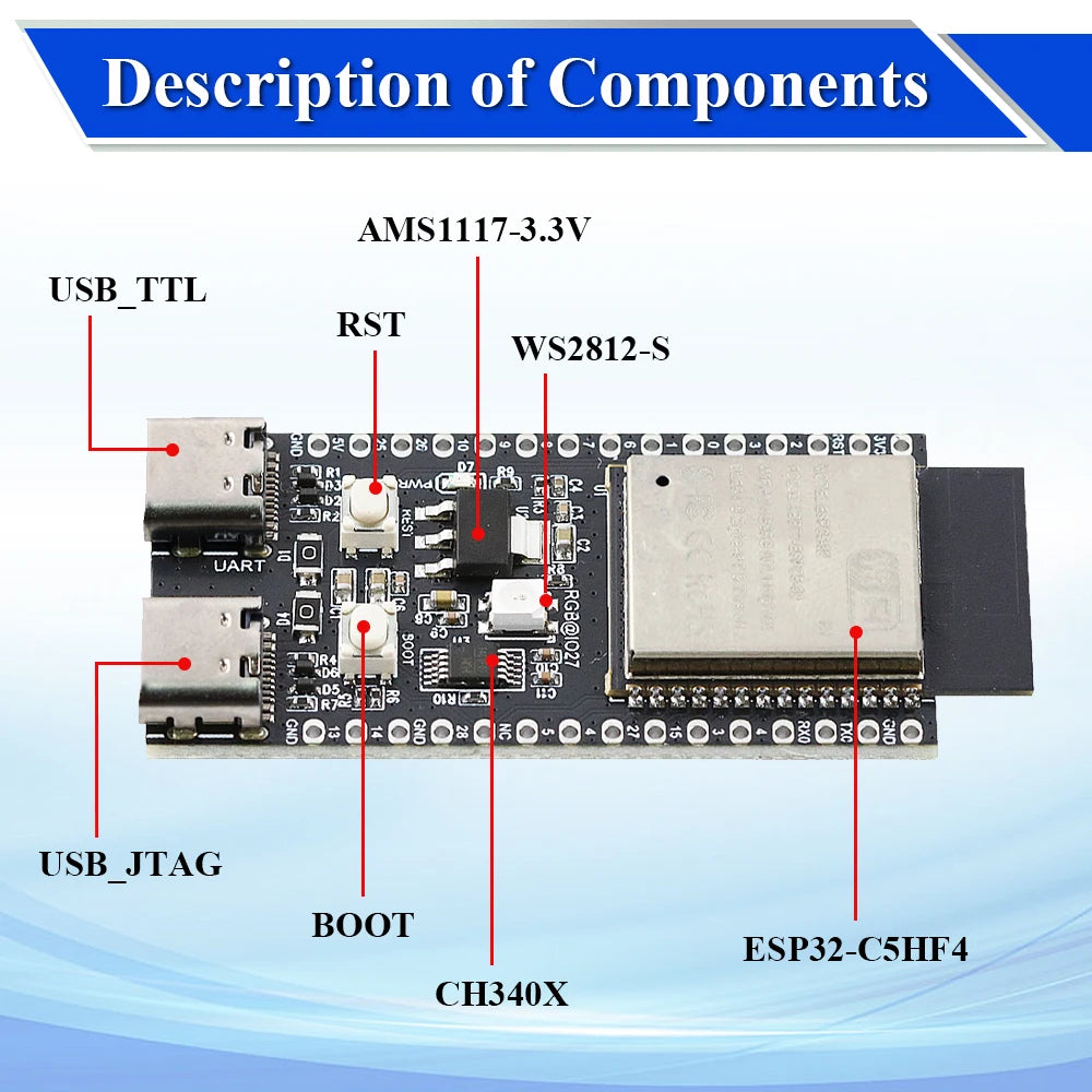 ESP32C5 Development Board Dual-frequency 2.4G and 5GHz WiFi Module ESP32-C5-DevKitC-1 N4 4MB Flash WIFI6 CH343 32PIN TYPE-C