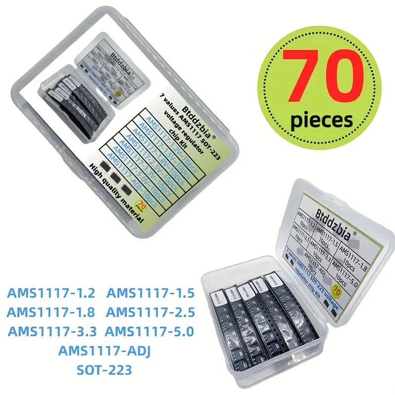 70pcs kit Voltage Regulator Kit AMS1117 1.2V/1.5V/1.8V/2.5V/3.3V/5.0V/ADJ lm1117 AMS1117-1.2 AMS1117-1.8 AMS1117-2.5 AMS1117-3.3