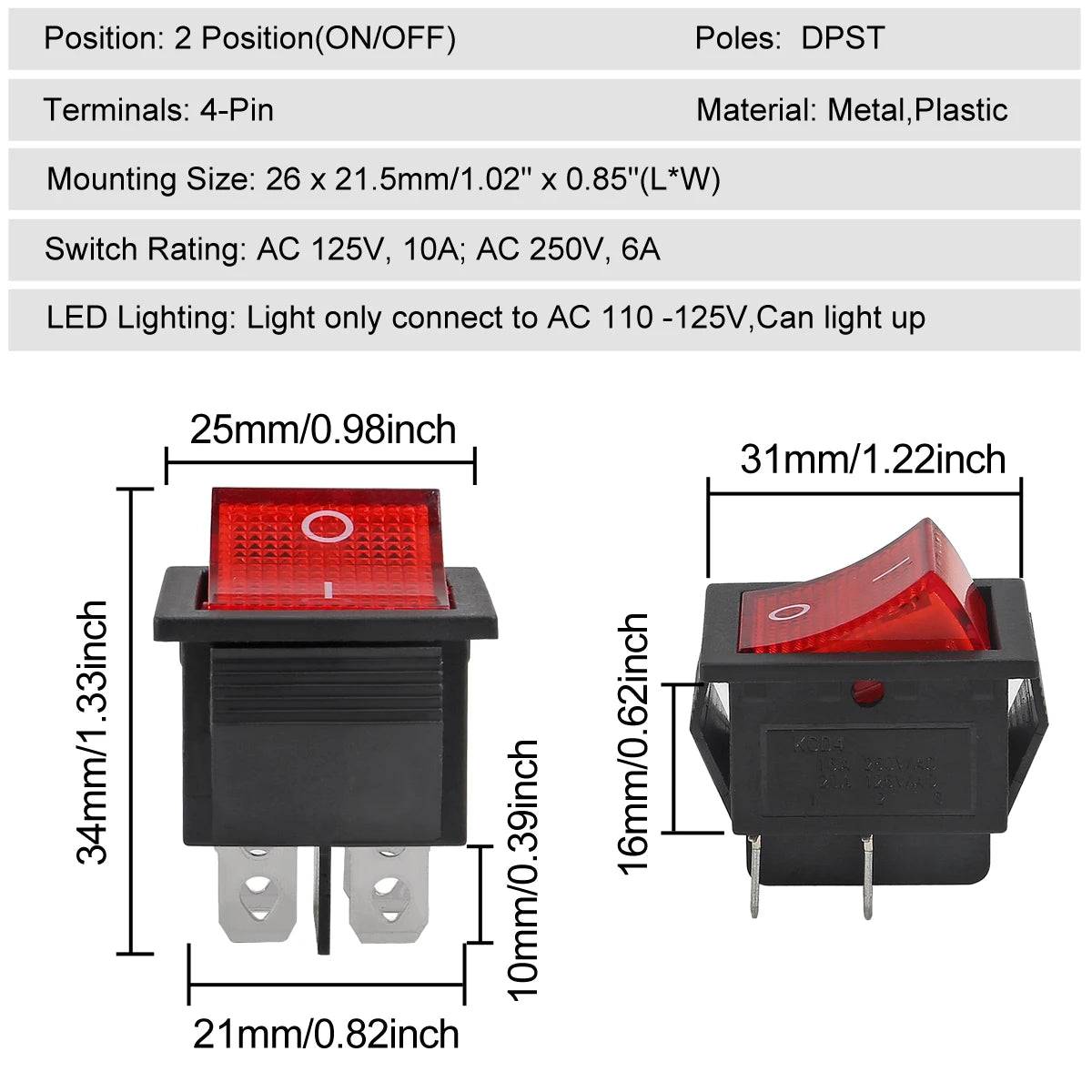 10pcs 15/30A 250V KCD2 KCD4 Rocker Switch DPST 4 Pin Red Lighted 120V Rocker Toggle Switch ON Off Heavy Duty