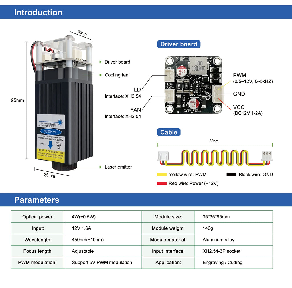 LASER TREE 10W 5W 4W Laser Module, 450nm TTL Blue Light Laser Head for Laser Engraving Wood DIY Creation Tool