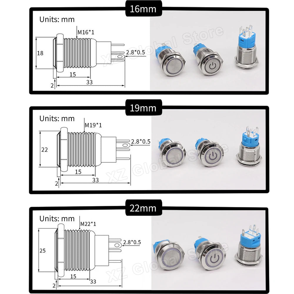 16/19/22MM Custom Metal Push Button Switch with Socket Waterproof Self-reset/Locking For Car Boat Horn Switches Black/Silver 12V