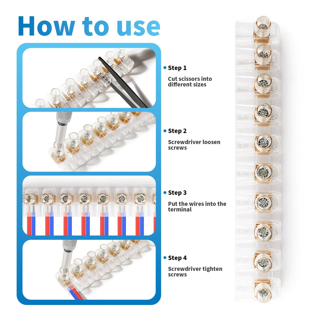 Dual Row 10-Position Terminal Block: White Screw Electric Barrier Strip with Self-Extinguish Feature, 380V Rated