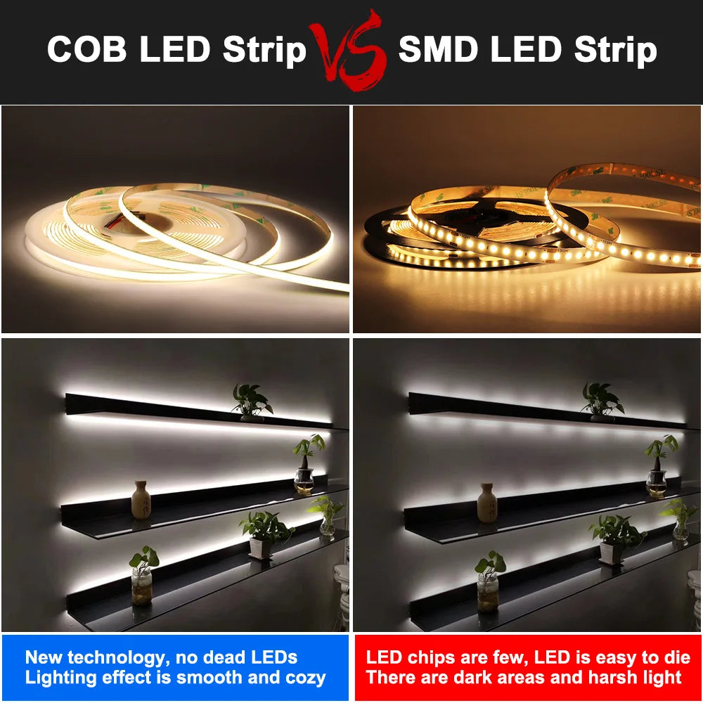 FOB COB LED Strip 12V 24V DC RA90 Flexible High Bright Tape LED 3mm 5mm 8mm 10mm Light Bar Ice Blue White Red Green Pink Yellow