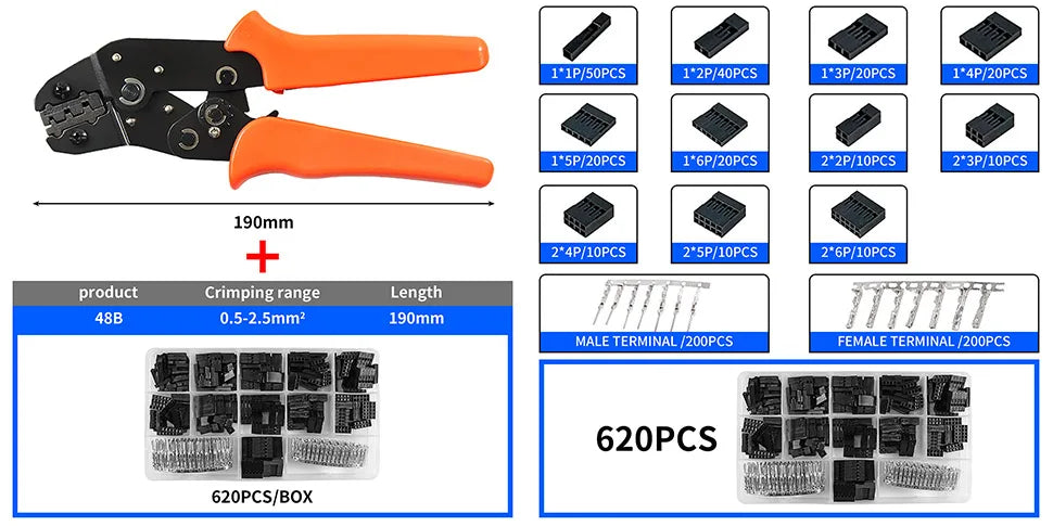 YICHENG 2.54mm Dupont Connector Kit with Ratcheting Wire Crimping Tool,Male Female Pins, Headers & Ribbon Cable