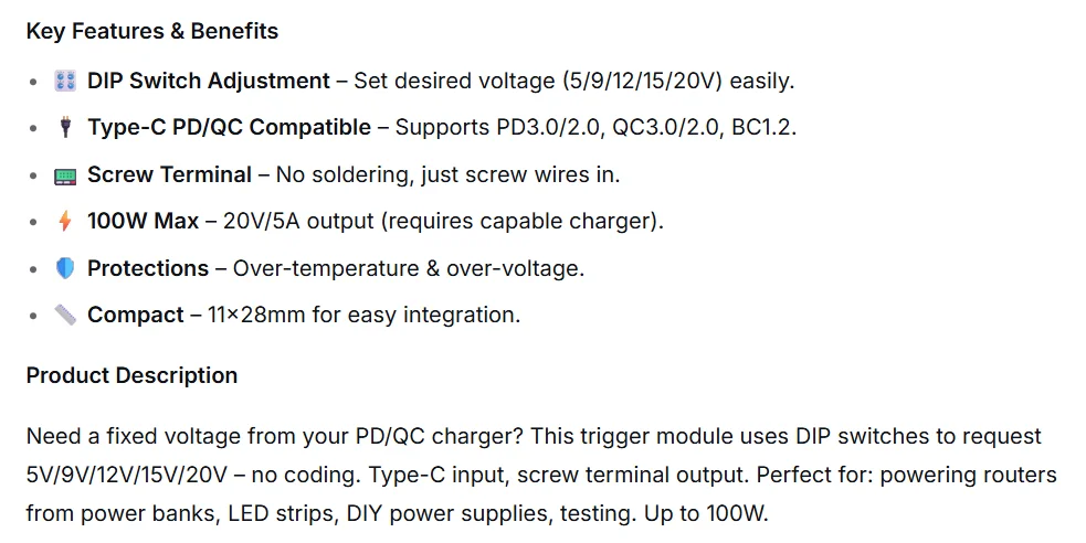 Type-C PD QC Trigger Module 5V 9V 12V 15V 20V DIP Switch Adjustable 100W Decoy with Screw Terminal for Power Bank Router DIY
