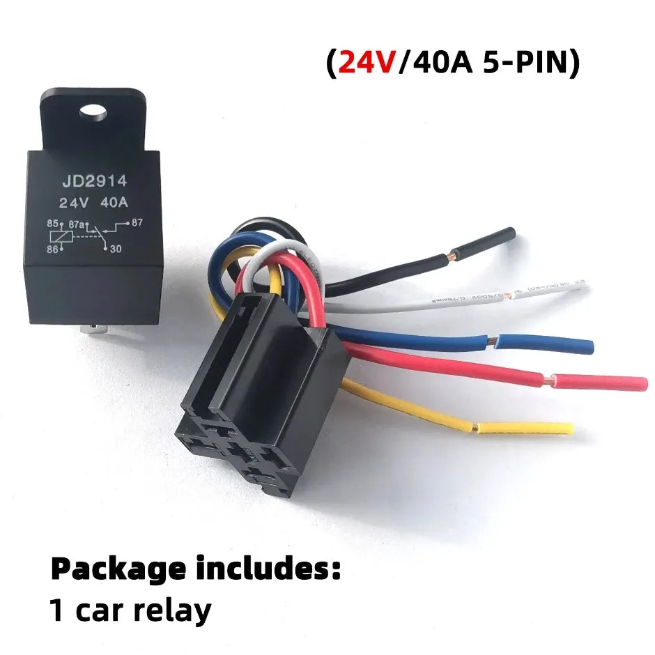 5Pcs Automotive Relay 12V or 24V 5Pin 40A Car Relay with Black Red Copper Terminal Auto Relay Socket SPDT Harness Cable