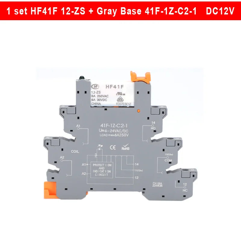 5/10 Sets Slim Relay HF41F 5V 12V 24VDC With Relay Base 41F-1Z-C2-1 LED & Circuit Protection DIN Rail Ulitra-thin Relay Modules