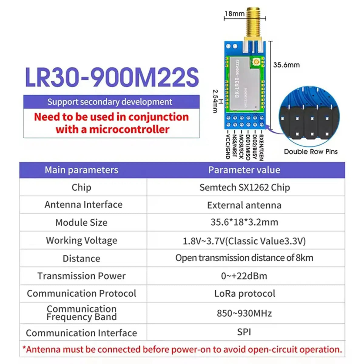 DX-LR30 SX1262 Lora Module SX1262 Chip Development 8Km 22Dbm UART Lora Spread Spectrum Technology RF Module 900M22SP
