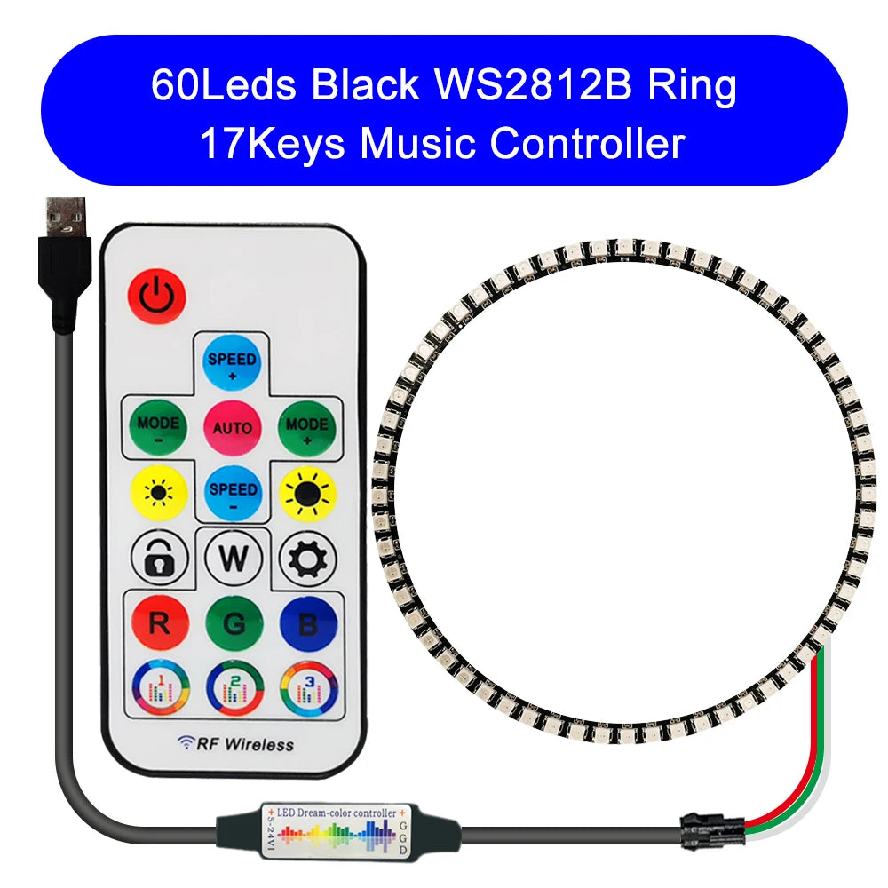 DC5V WS2812B DIY LED Ring 8 to 241 Pixels 5050 RGB Individually Addressable WS2812 Round Modules With 17Keys Music RF Controller