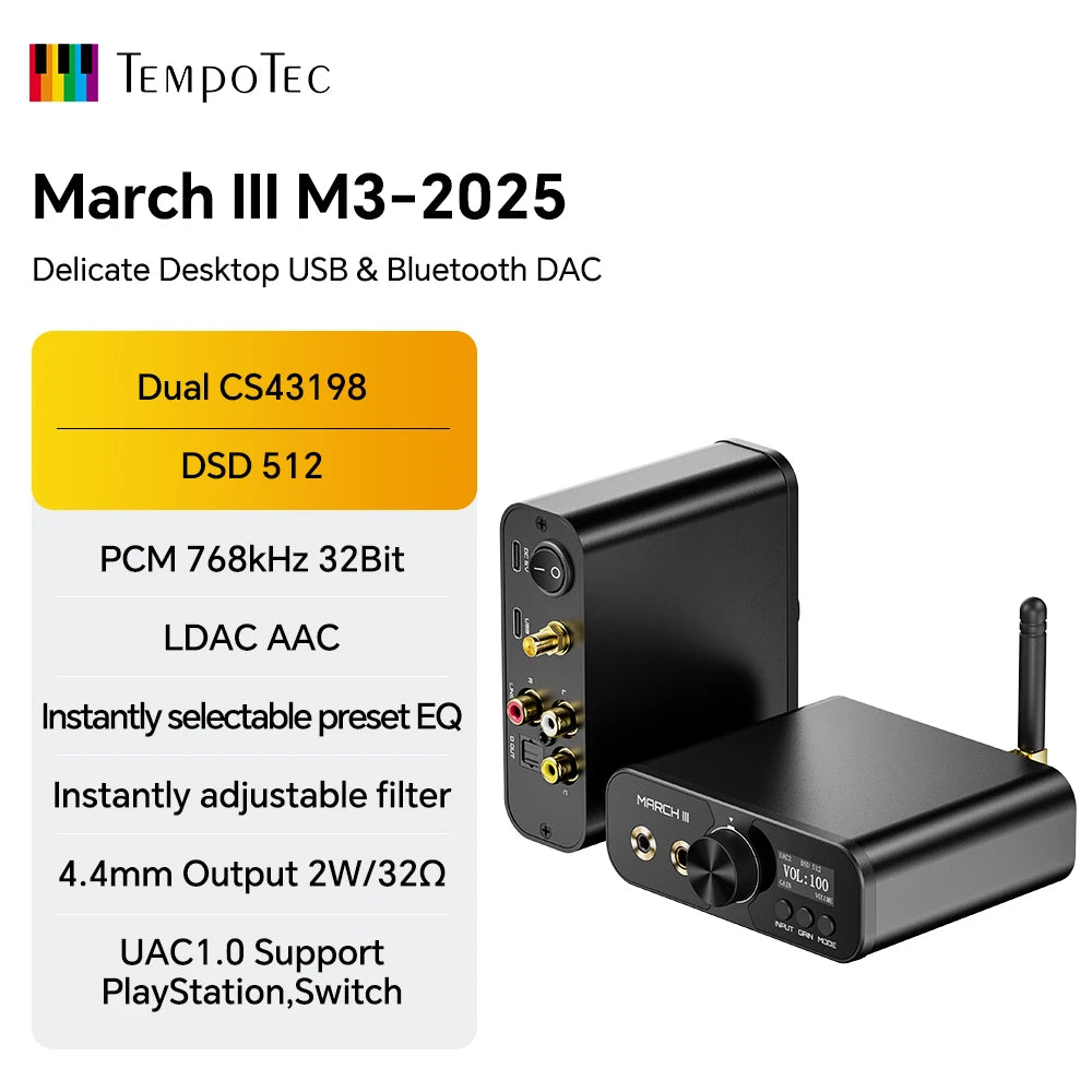 TempoTec March III-M3 2*CS43198 HIFI USB DAC,Bluetooth DAC,UAC1.0 for PlayStation PS4,PS5,UAC2.0, EQ,Filter,DSD512/LDA