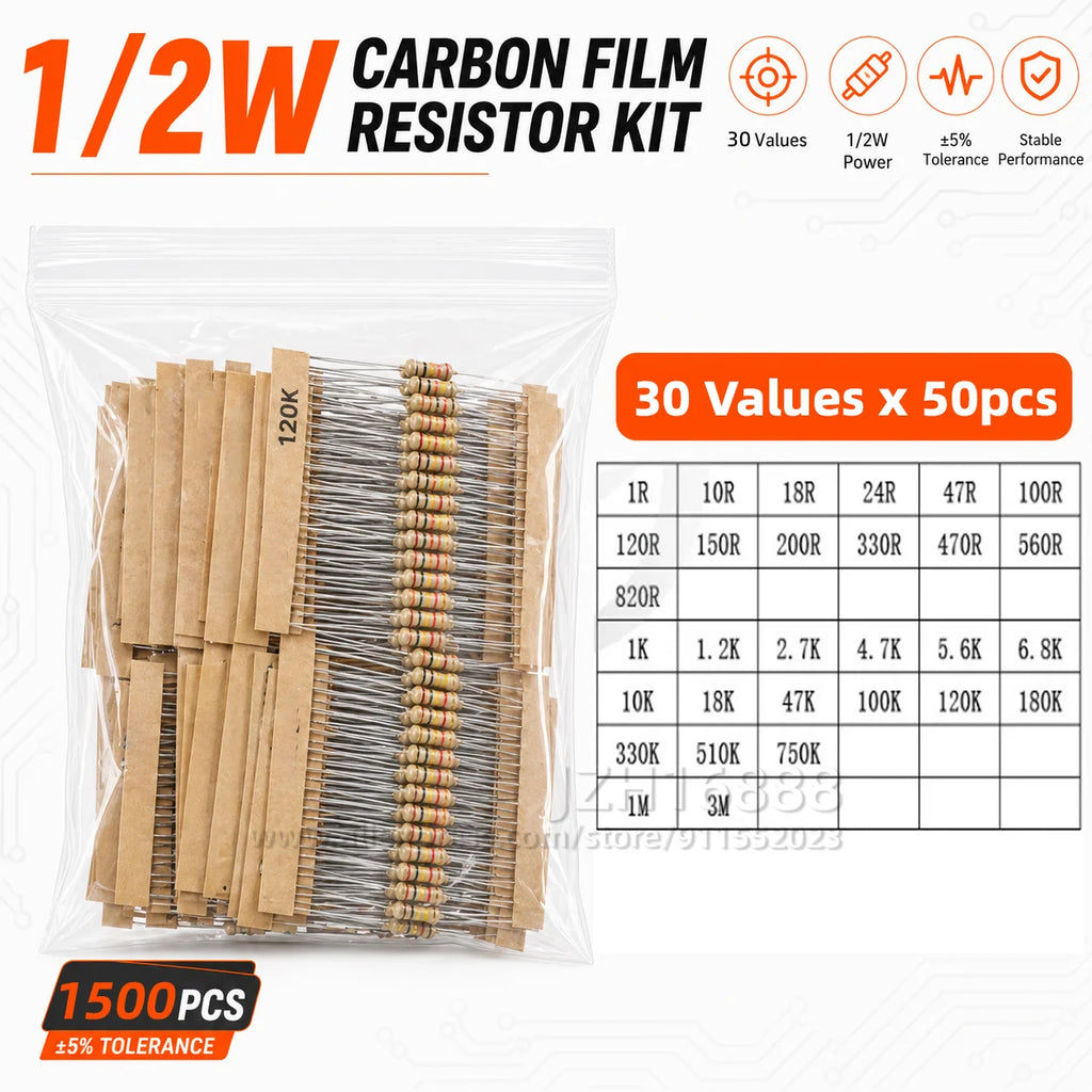 Carbon Film Resistor Kit 1/8W 1/4W 1/2W 1W 2W 3W 5W 5% 4 Band Through Hole Axial Lead Resistor DIY Electronic Components