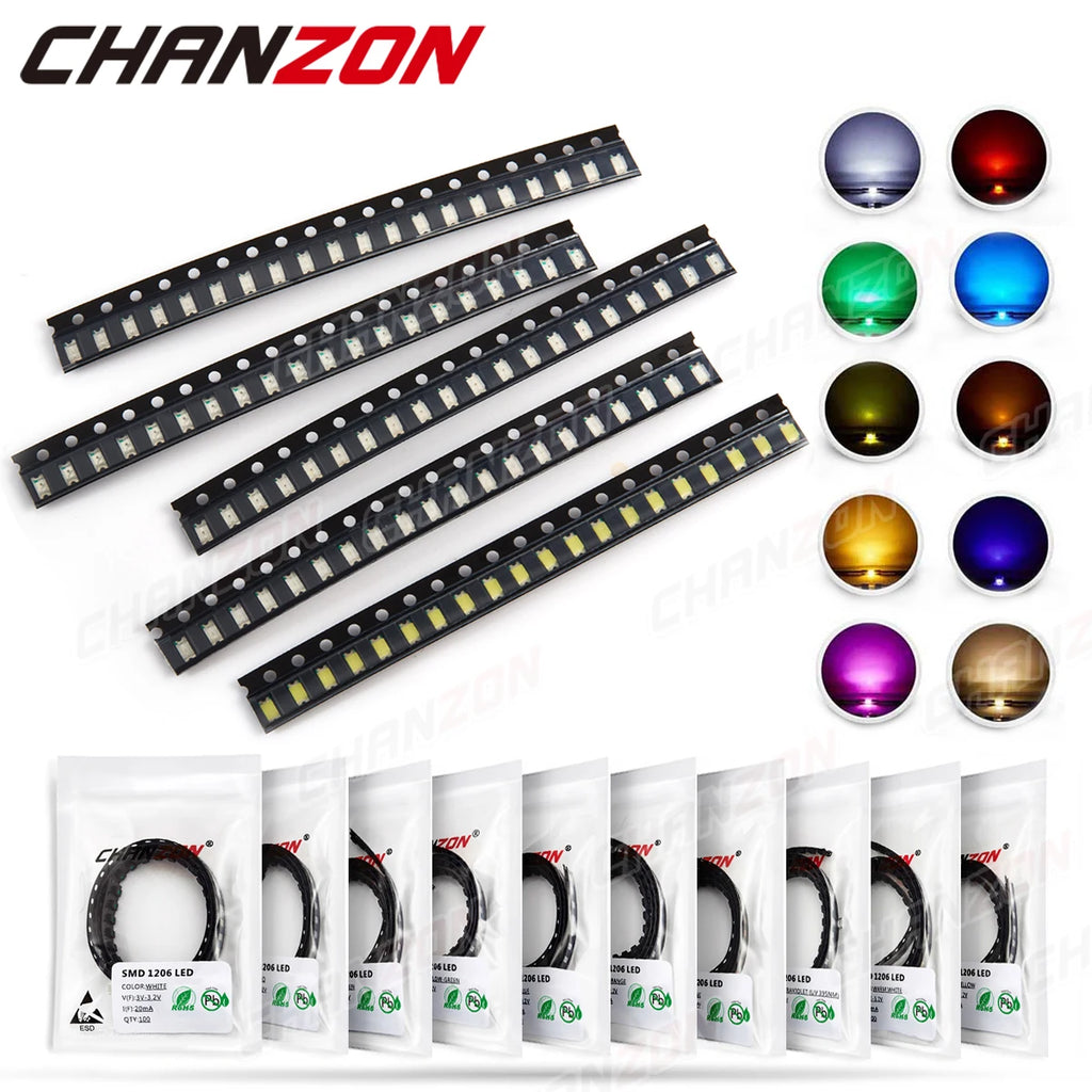 SMD 1206 LED Emitting Diode Kit Micro SMT Lamp Chip Light Beads Warm White Red Green Blue Yellow Orange UV Pink Multicolor 3V