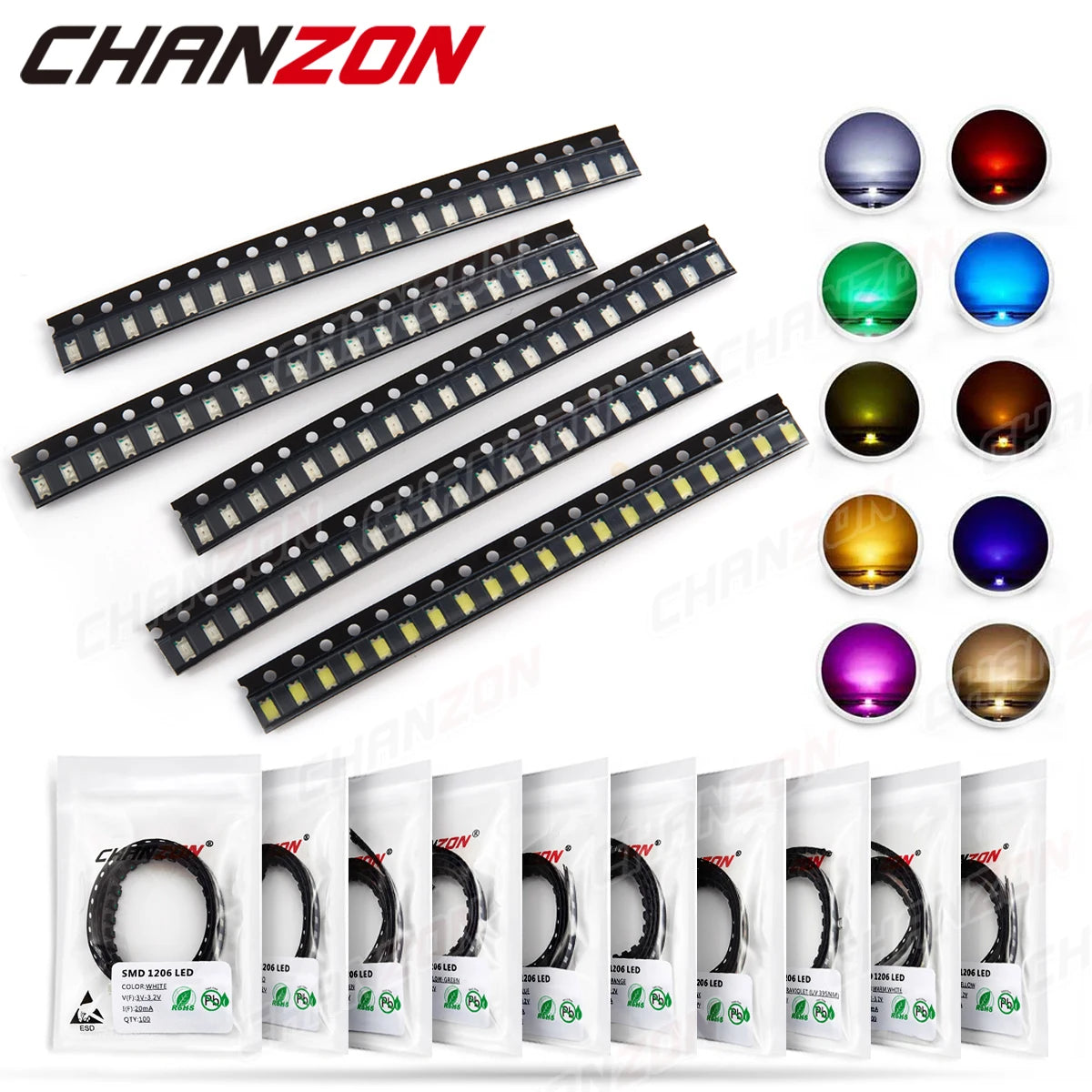 SMD 1206 LED Emitting Diode Kit Micro SMT Lamp Chip Light Beads Warm White Red Green Blue Yellow Orange UV Pink Multicolor 3V