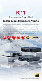 FiiO K11 DAC and Headphone Amplifier for Home Audio/PC, 6.35mm and Balanced 4.4mm, RCA, Coaxial, Optical, 1400mW, DSD256