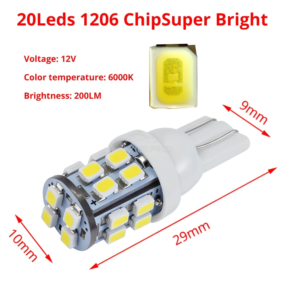 2/10 T10 1206 20SMD 20 Led White Car Wedge Light W5W 194 168 Auto Vehicle License Plate Clearance Lamp Reading Truck Bulb DC 12V