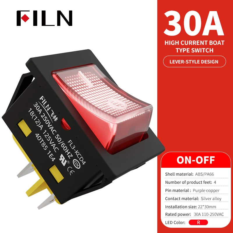 FILN 30A/220V Heavy Duty 4 Pin DPST IP67 Sealed Waterproof T85 Auto Boat Marine Toggle Rocker Switch with LED 12V 220V 30x22