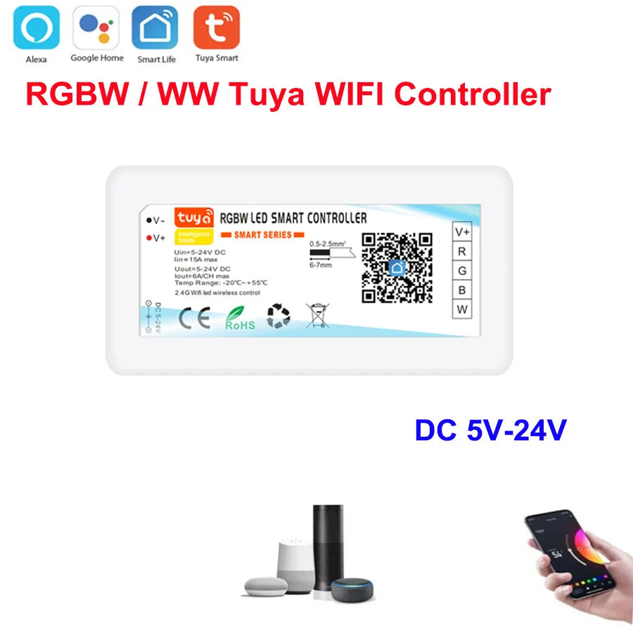 DC5-24V Tuya Wifi Wireless LED Controller Support iOs Android APP Alexa Google Voice Control for DIM CCT RGB RGBW RGBCCT Strip