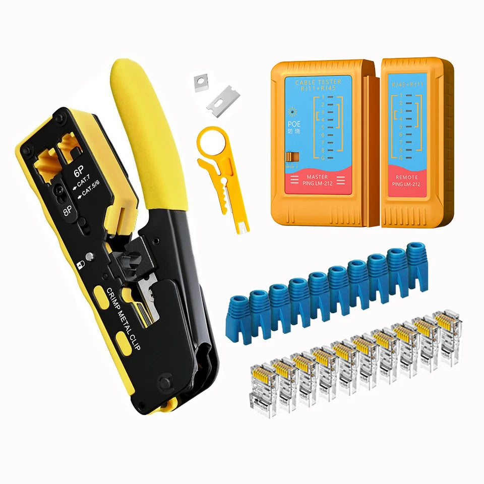 Rj45 Rj12 Rj11 Pass Through Crimp Plier Cat7 Cat6 Cat6A Cat5 Cat5e Stripping Crimping Tool with 8P/6P Ethernet Connectors