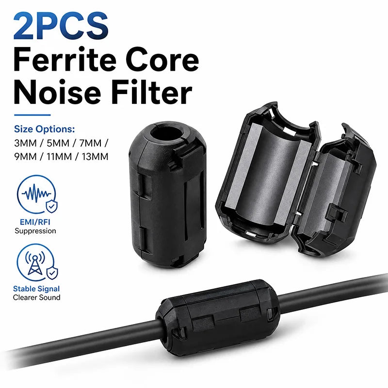 2Pcs Clip-on Ferrite Core Ring Cord RFI EMI Noise Suppressor Filter for 3.5mm-13mm Cable USB Power Cable Ferrite Beads