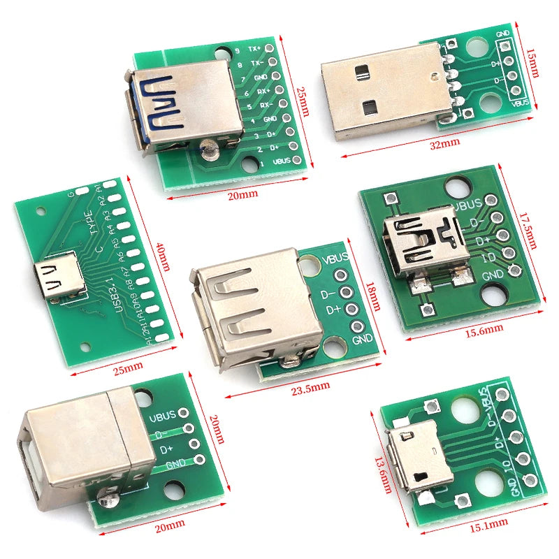 Micro Mini USB USB A Male USB 2.0 3.0 A Female USB B Connector Interface to 2.54mm DIP PCB Converter Adapter Breakout Board