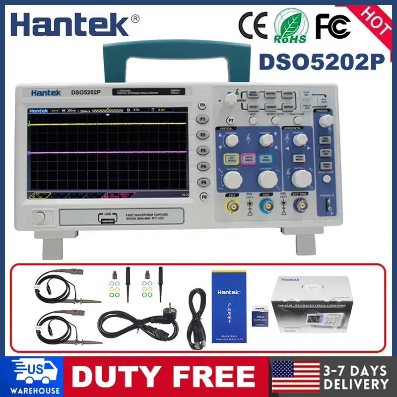 Hantek DSO5202P DSO5102P DSO5072P Digital Oscilloscope 200MHz Bandwidth 2 Channels PC USB LCD Portable Portatil Electrical Tools