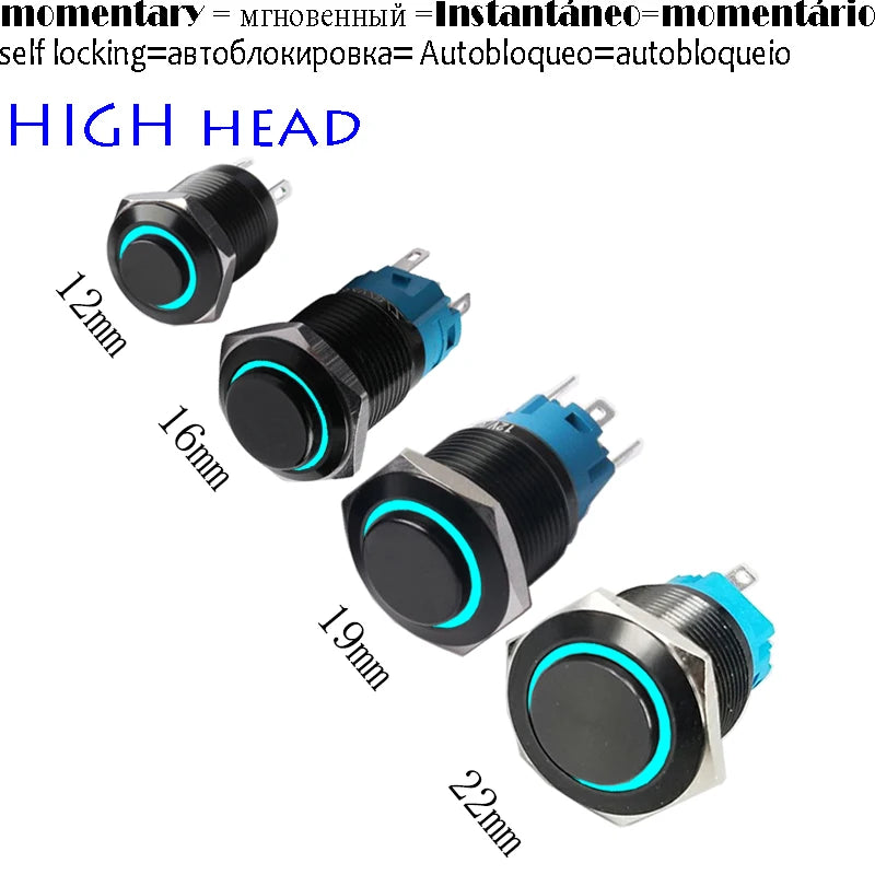 High Head 12/16/19/22mm Black Shell Car Dashboard Waterproof Metal Button Switch LED 12V/24V/220V Self-locking Fixed Momentary
