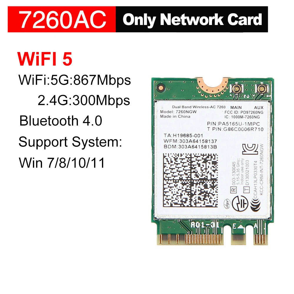 Kebidumei 7260 AC Bluetooth 4.0 WiFi 1200Mbps Wireless M.2 NGFF Wifi Network Card 802.11AC Dual Band 2.4G 5G For Laptop 7260NGW
