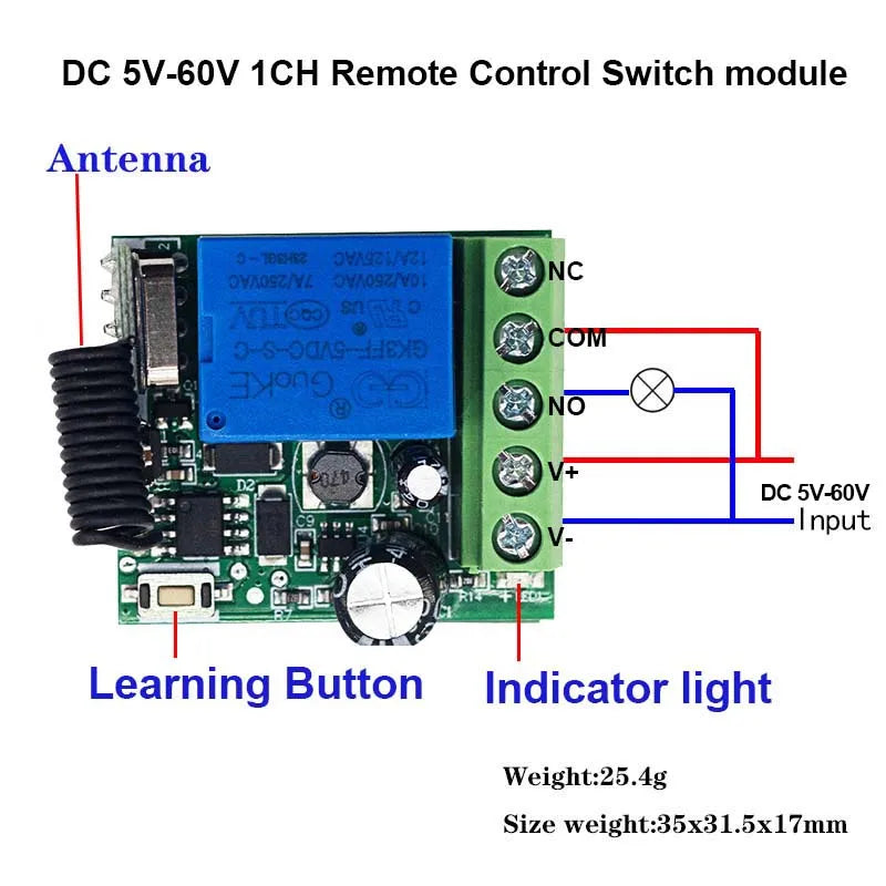 QIACHIP 433MHz Wireless Remote Control Switch Dry Contacts RF Relay Module DC 5V 12V 24V 48V 60V Remote Controls Gate Door Light