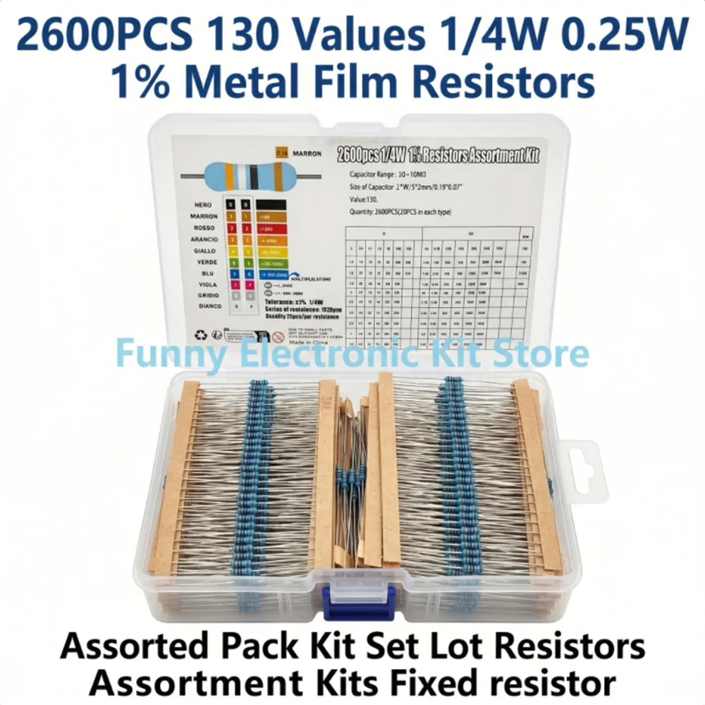 2600pcs Assorted Metal Film Resistors 130 Values 1/4W 0.25W 1% Fixed Resistor Kit for Electronics DIY Projects