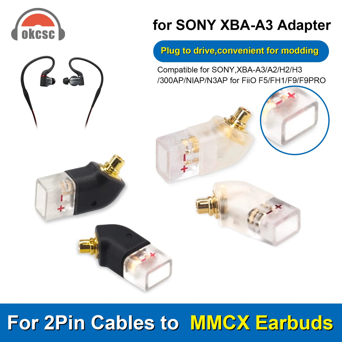 OKCSC 1 Pair Earphone Interface Conversion Pin Connector HIFI Headphone Plug MMCX JH HD580 3.5mm to 0.78mm Gold-plated Plug