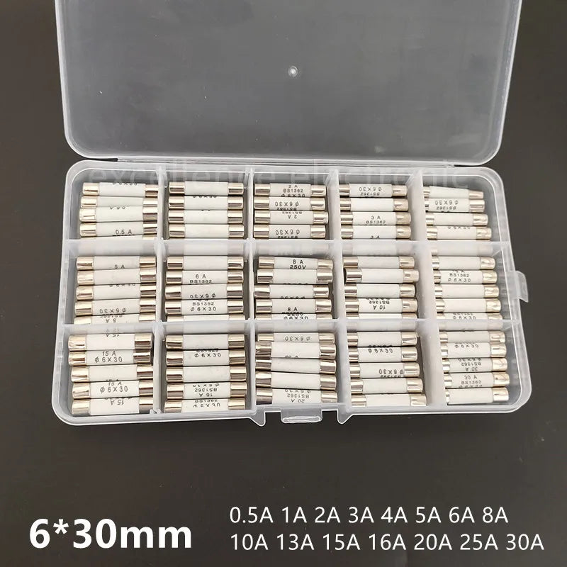75Pcs Ceramic Fuse Assortment Kit 6x30mm 250V Fuses Set (0.5A to 30A) Replacement for Home Appliances & Electronics