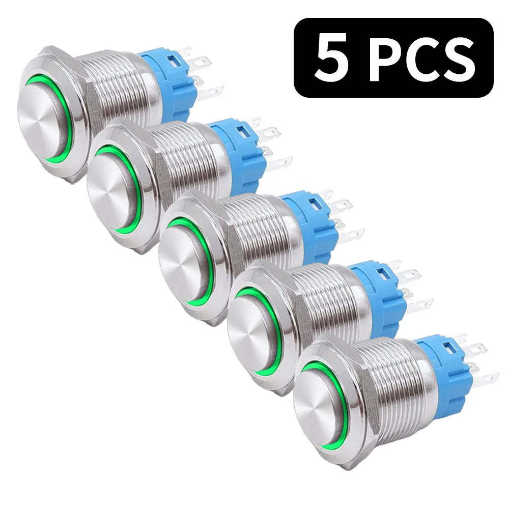 5 PCS 16mm 19mm 22mm Metal Push Button Switch 12v Ring Power Buttons Waterproof LED Light Self-lock Self-reset 220V High Head