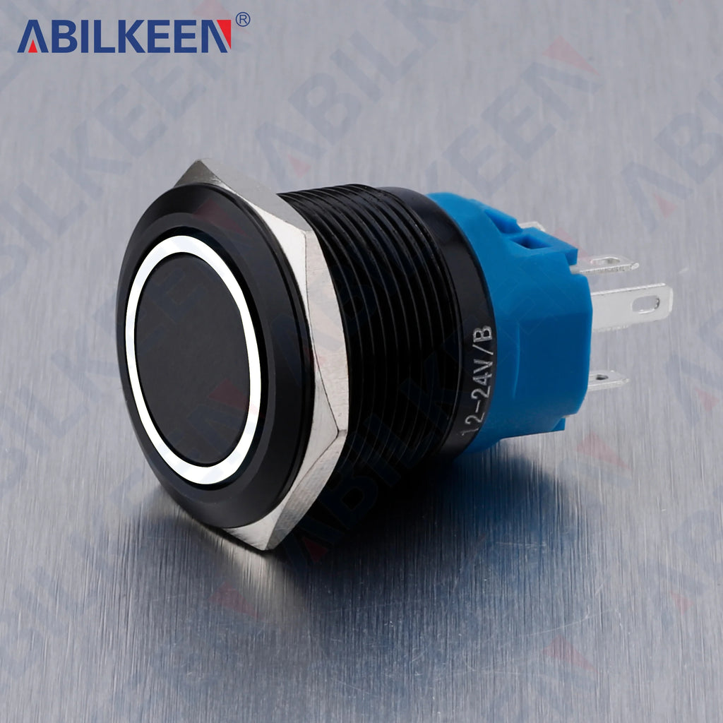ABILKEEN 22MM Black Shell Push Button Switch LED Ring Illuminate Momentary/Latching Function 1NO1NC IP65 Waterproof Push Button