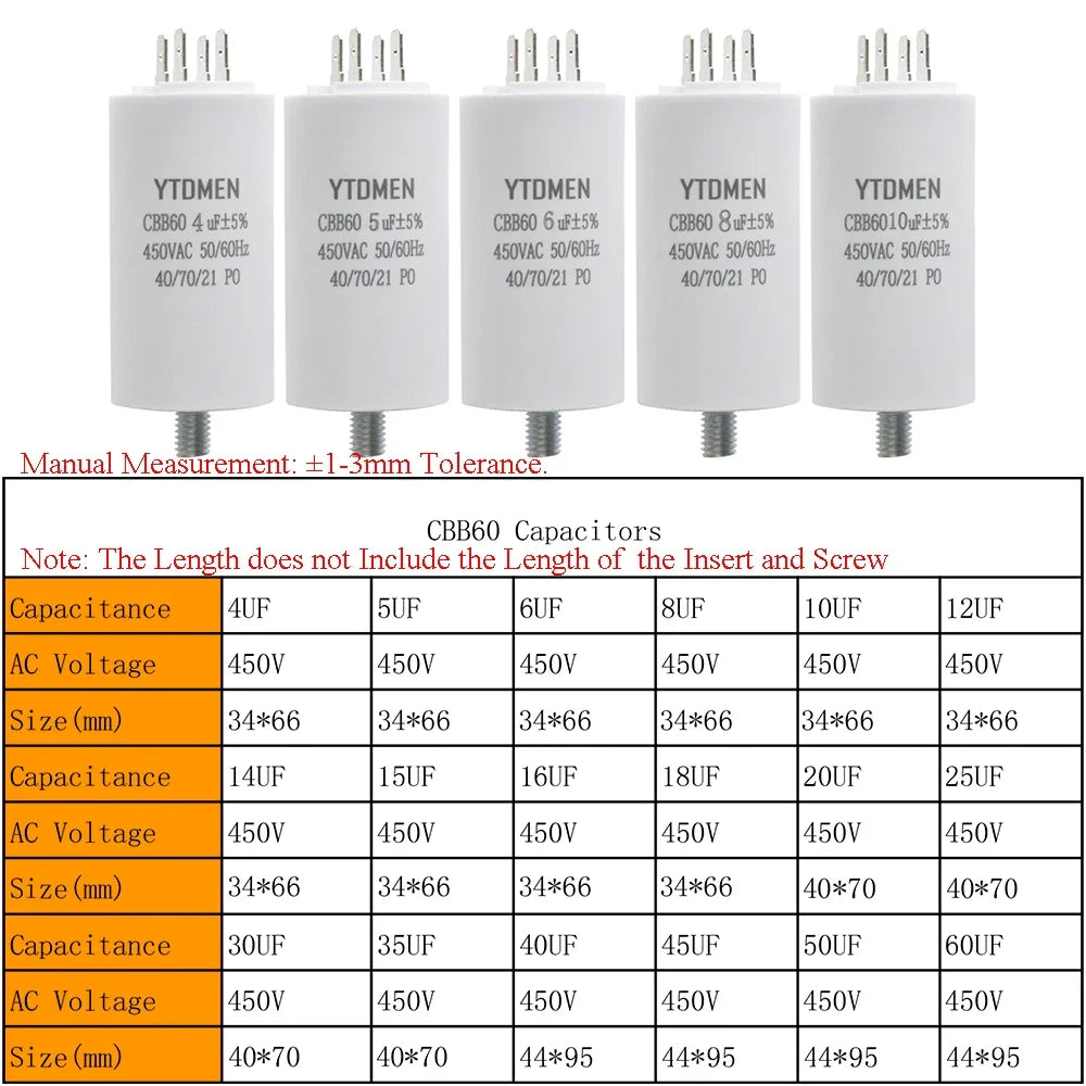 CBB60 Capacitor with Screws AC 450V 4 Pin Dual Insert Motor Run Capacitors 4UF-60UF for Washing Machine Air Water Pump 12uf 16uf