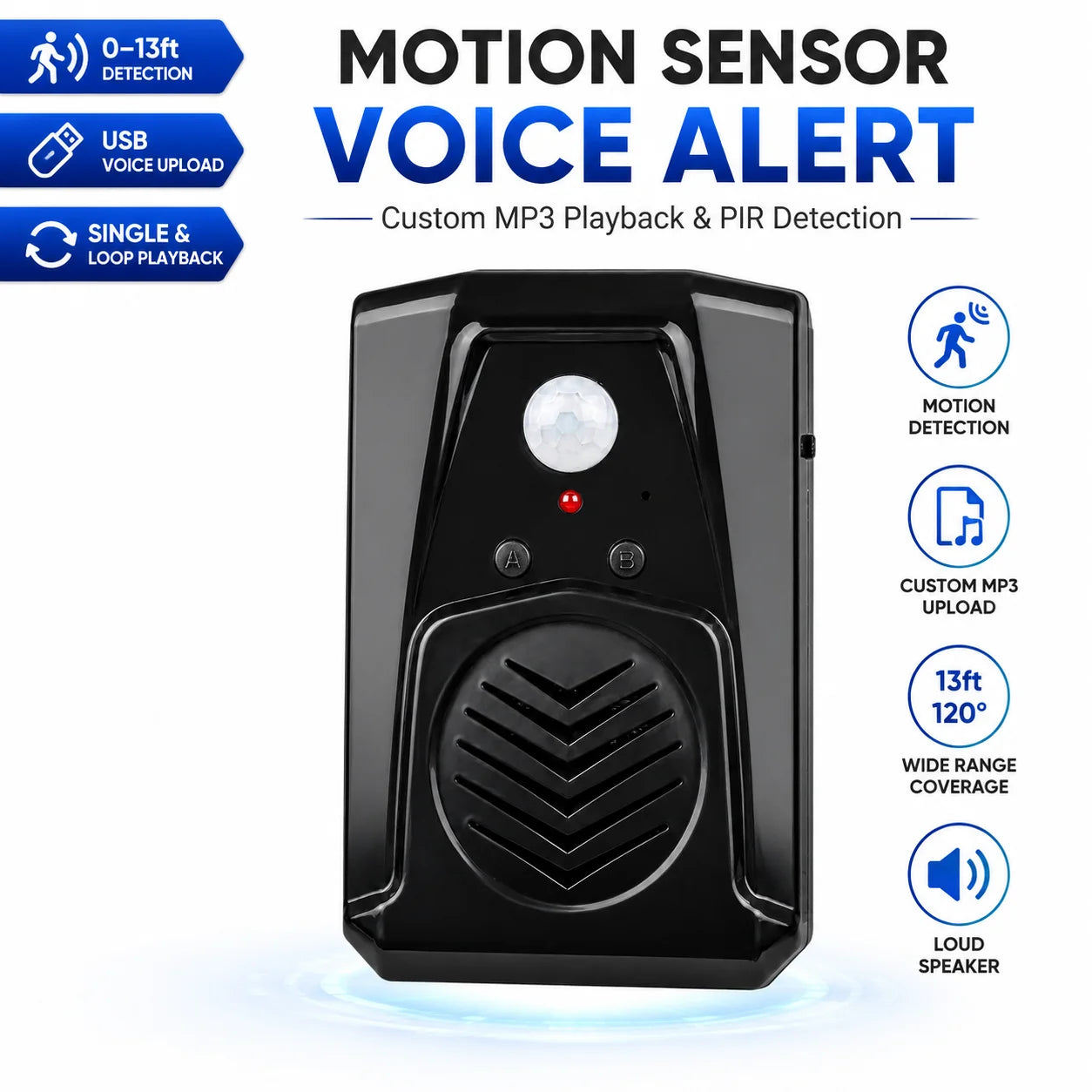 Motion Sensor Voice Player, Recordable PIR Infrared Alarm with 120 Seconds Recording, Custom MP3 Upload via USB,  for Store/Home