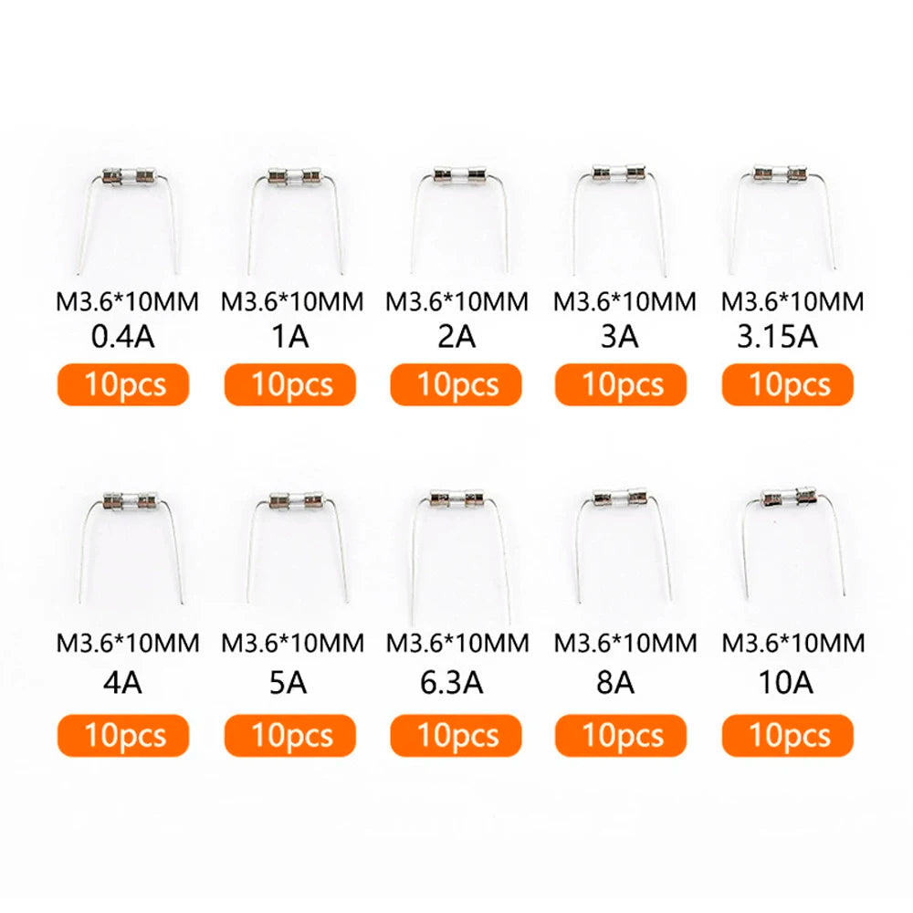 Axial Lead Glass Fuse Assortment Kit 100PCS 10 Sizes 3.6*10mm 0.5A 1A 2A 3A 5A 8A 10A 250V Slow Blow Fuse Tube For PCB Repair