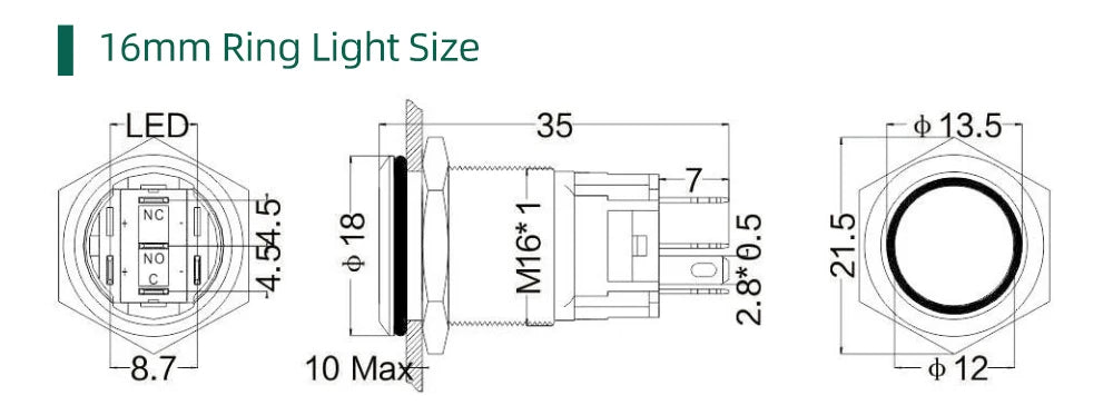 12/16mm Flat LED Illuminated Reset Latching Ring LED Metal Push Button Switch Waterproof On Off with Power Symbol