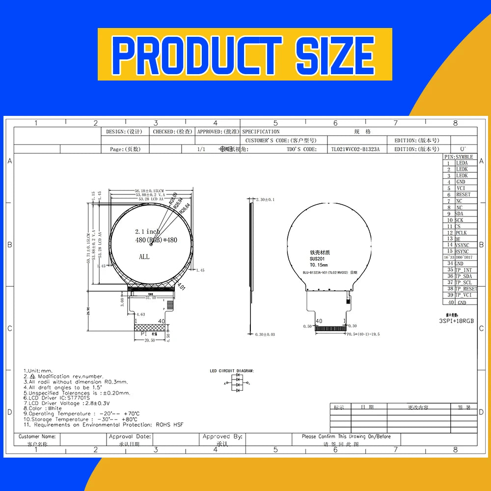 2.1 Inch TFT LED Display Module Round Screen HD IPS 480*480 SPI RGB Interface MIPI HDMI Driver ST7701S Capacitive Touch Screen