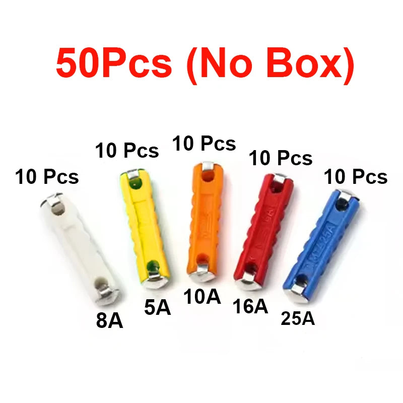 100/200 Pcs Continental Car Fuses Set European Bar Torpedo Fuse Automotive Circuits For Vintage Classic Cars 5/8/10/16/25 AMP