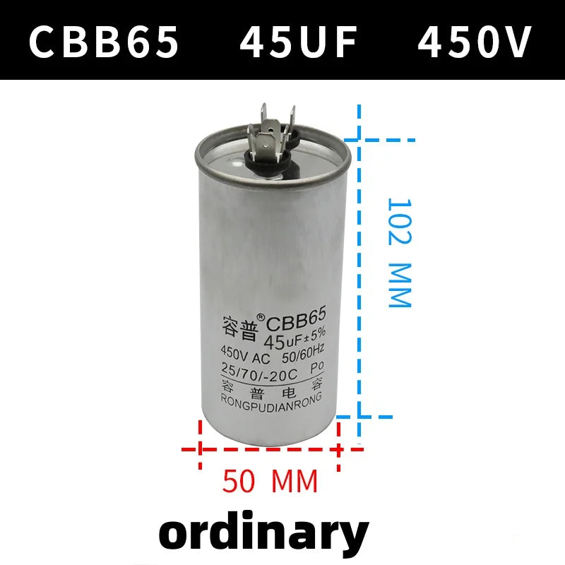 CBB65 450V Motor Capacitor Air Conditioner Compressor Start Capacitor 5uF 6uF 20uF 25uF 30uF 35uF 40uF 45uF 50uF 60uF 70uF