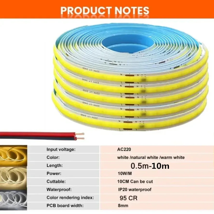 220V Flexible Tape Lights Dimmable COB LED Strip Light Smart IC No Need Driver High Bright 240LEDs/m Linear Lighting RA95