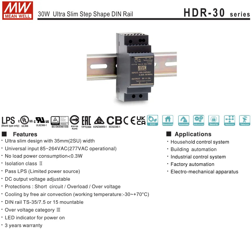 MEAN WELL Slim DIN Rail 30W Power Supply HDR-30-5 HDR-30-12 HDR-30-15 HDR-30-24 HDR-30-48