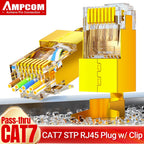 AMPCOM CAT7 Pass Through RJ45 Modular Plug Network Connectors STP 3/50μ Gold-Plated 8P8C Crimp End for Ethernet Cable