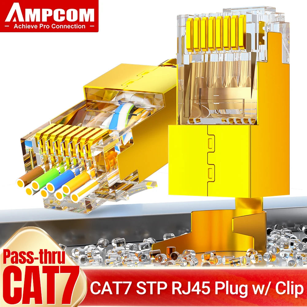 AMPCOM CAT7 Pass Through RJ45 Modular Plug Network Connectors STP 3/50μ Gold-Plated 8P8C Crimp End for Ethernet Cable