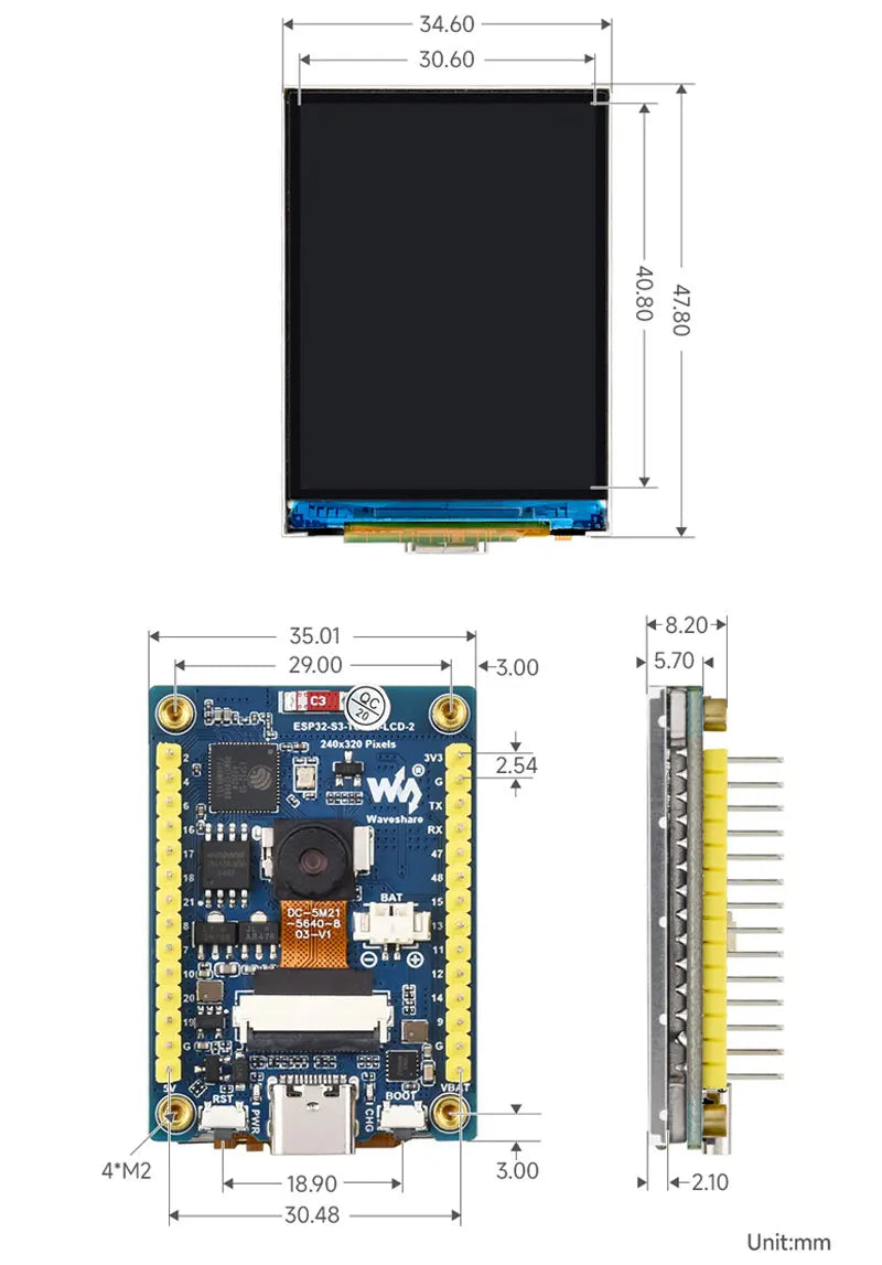 Waveshare ESP32-S3 2inch Capacitive Touch Display IPS 240×320 Camera Touch Option Supports WiFi Bluetooth Development Board