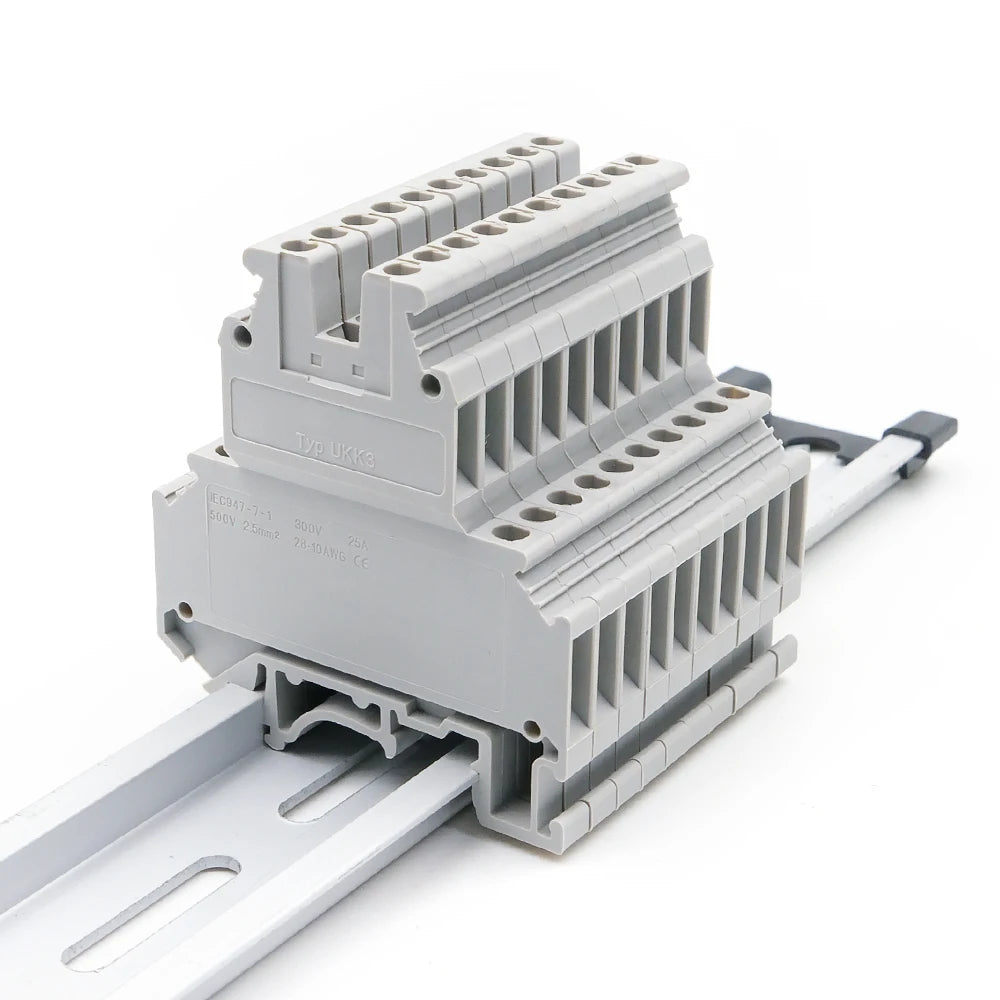 UKK 3 Double Layer Terminal Block, 5.2mm Width, 24A 500V, PA66 V0 Flame Retardant, Screw Clamp, 10pcs (For DIN Rail NS35)